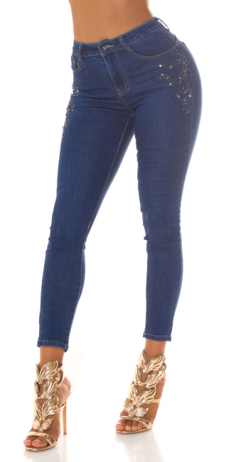 Donker denim-spijkerstof push-up jeans met glitter details blauw